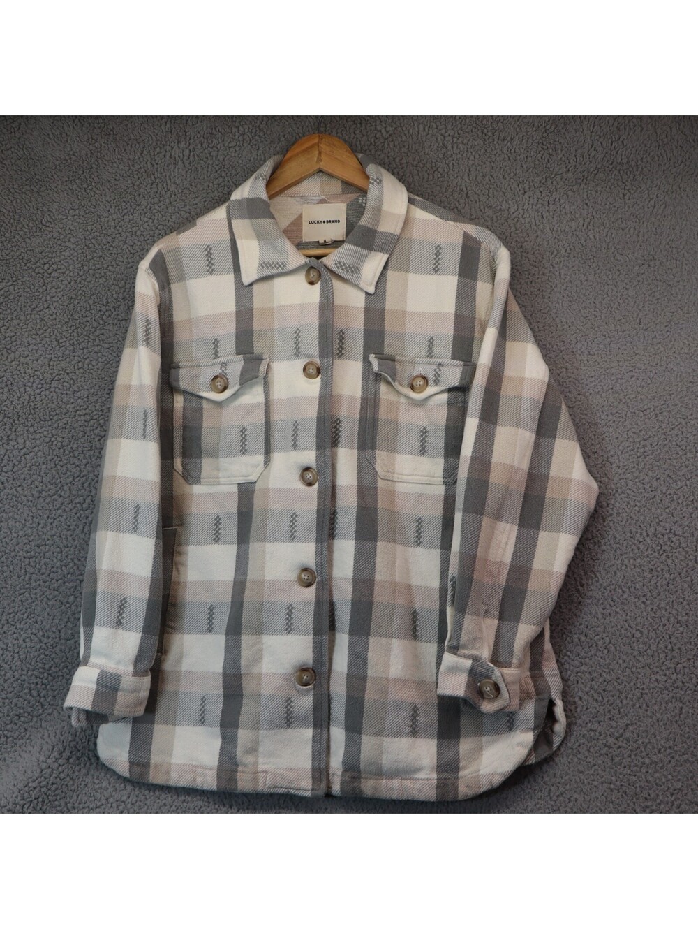 Lucky Brand Shacket Women M Cream Gray Plaid Flannel Jacket